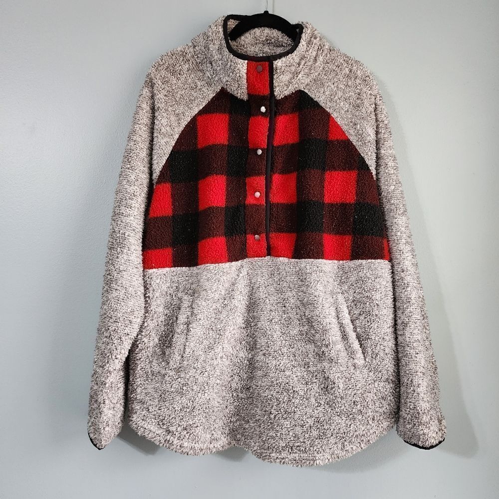 Maurices Plus Size Gray Buffalo Plaid Yoke Snap Front Sherpa Pullover Sweatshirt - Picture 7 of 12